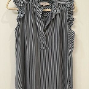 LOFT Navy and White Striped Ruffle Blouse